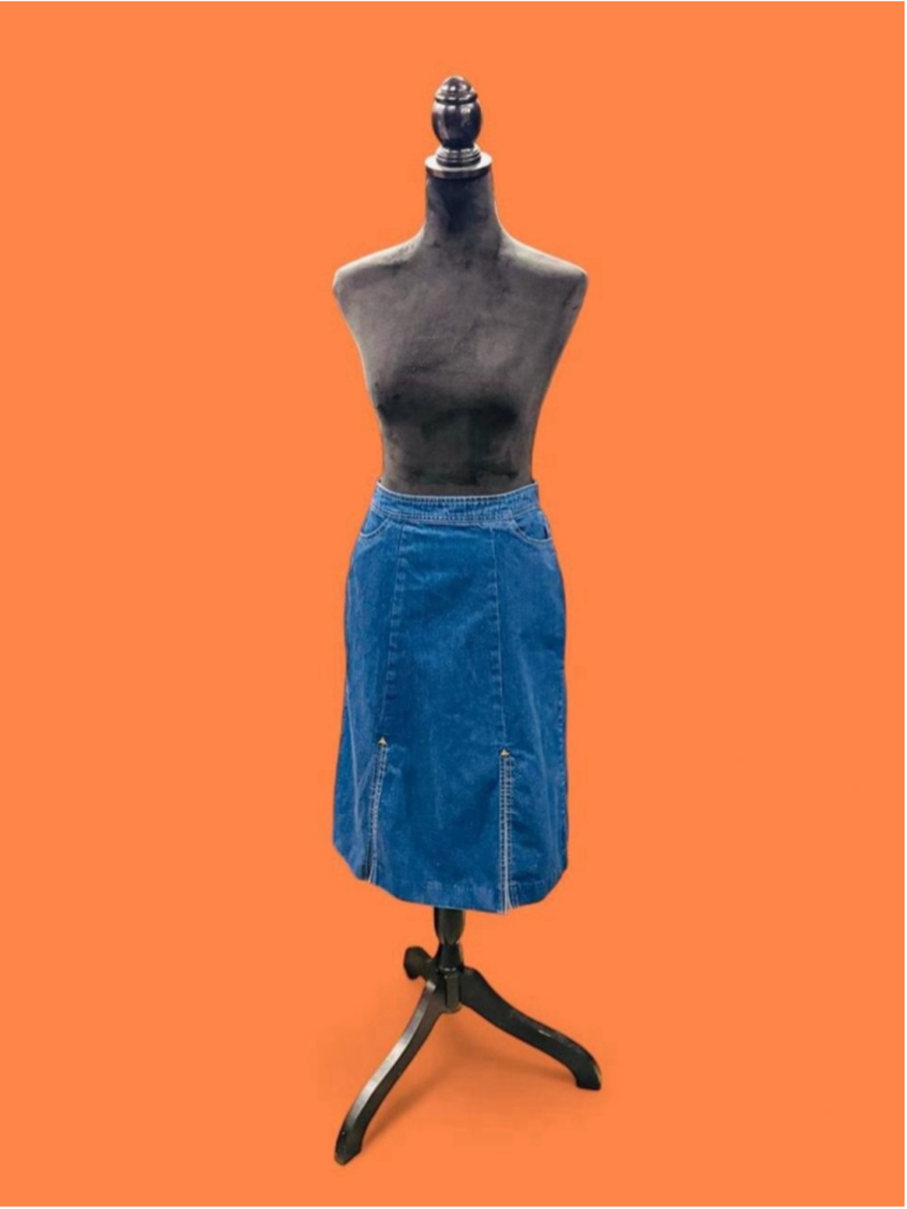 Vintage 90s Stage West Denim Midi Skirt 9 Made USA Blue Jean Slit 26” Waist EUC
